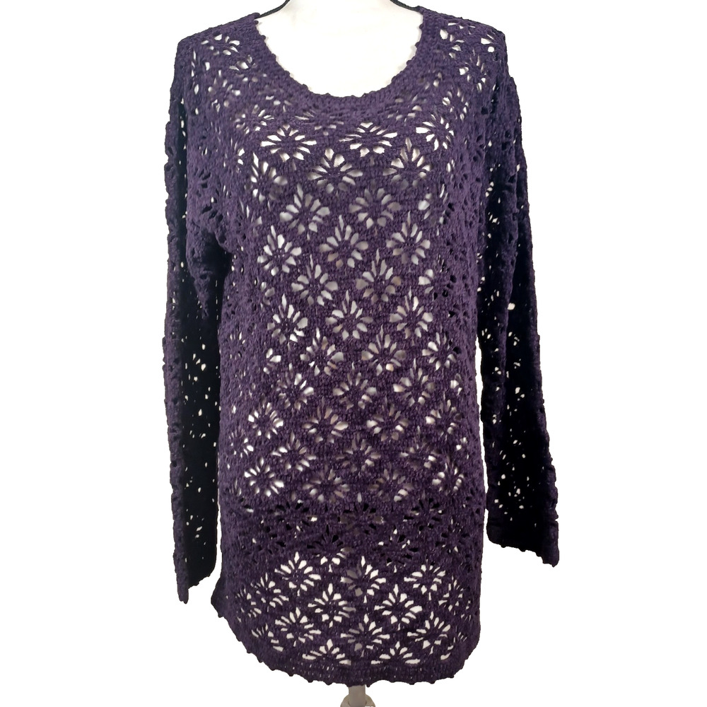 Moda Int’l Purple Crochet Floral Tunic Sweater M Boho Y2K